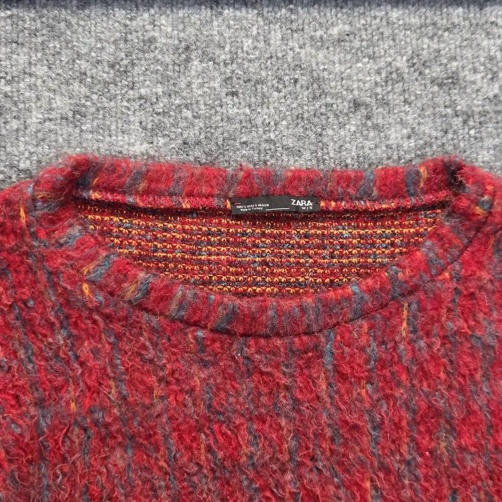 Zara Sweater Womens Small Red Multicolor Fuzzy Chunky Knit Crewneck Pullover